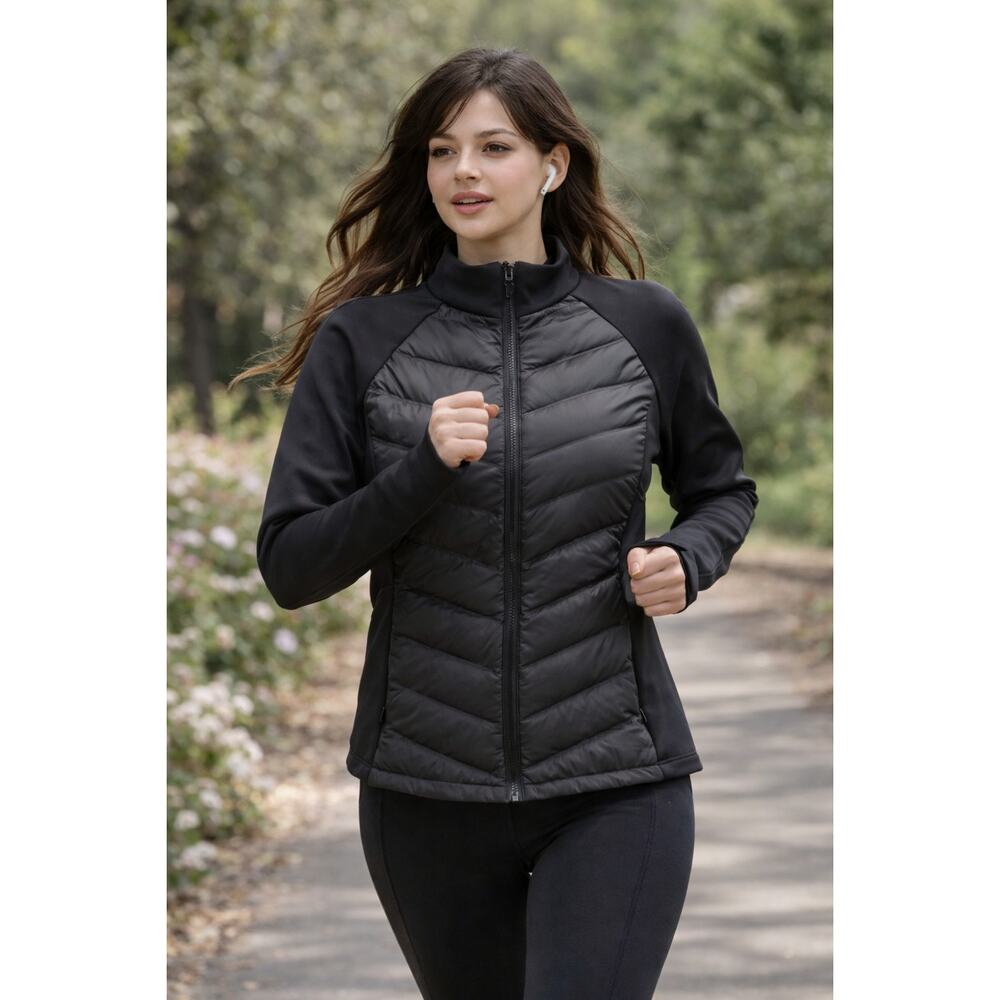 NWT AFZ Hybrid Down Jacket Womens Medium Black Lightweight Puffer Stretch